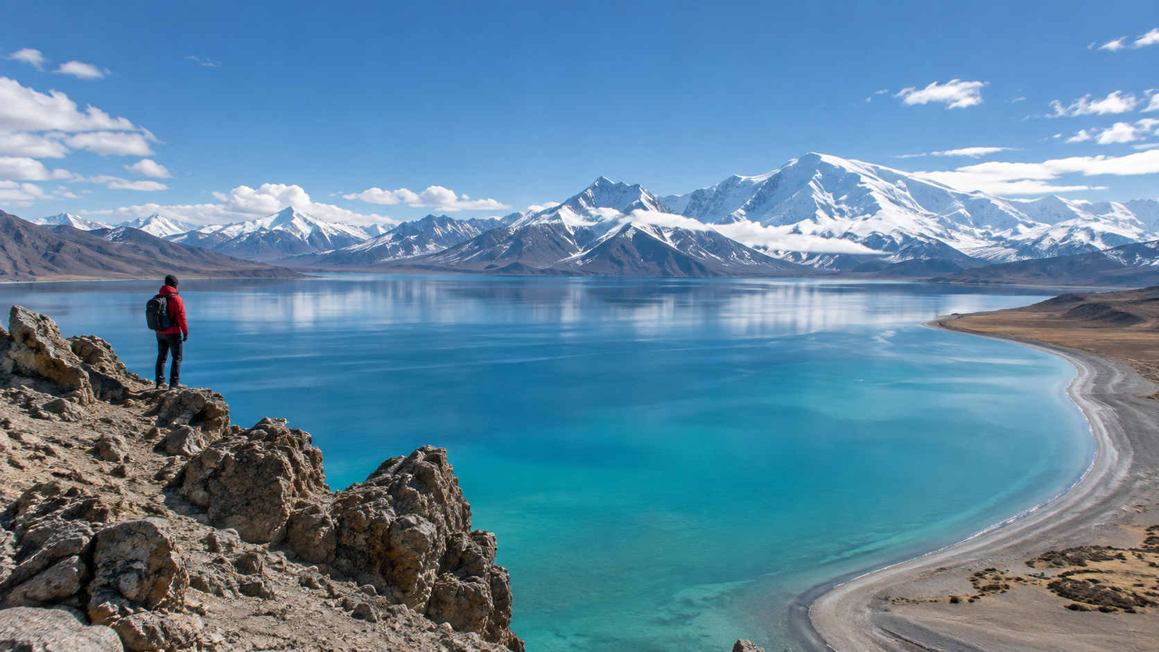 Lac turquoise au pied des sommets enneigés du Tibet